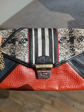 Vintage Henri Bendel Red, Black & Tweed Mixed-Material Clutch with Chain